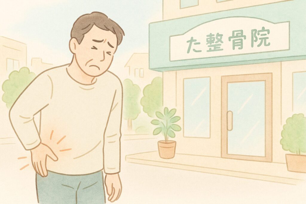 日本語の看板があるクリニックの外で、腰を押さえて痛がる男性のイラスト。男性は不快そうで、診療所の入り口には鉢植えが見える。