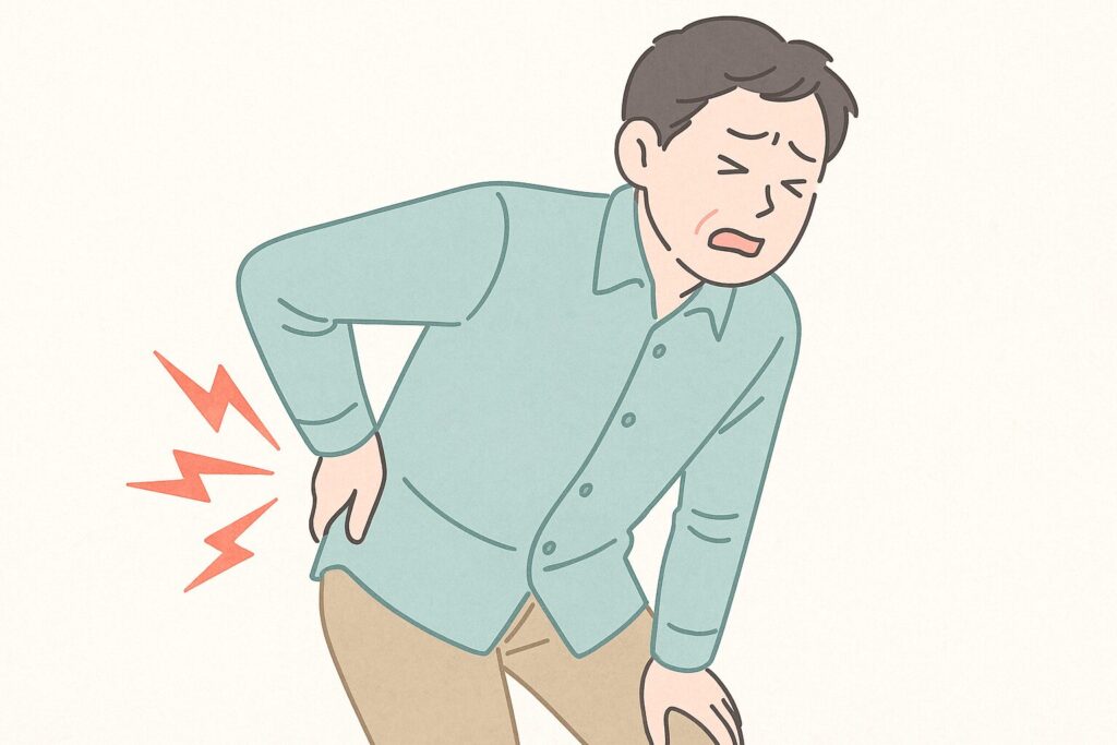 腰を押さえて痛みにうずくまる男性のイラスト。ぎっくり腰の急な痛みを表現。