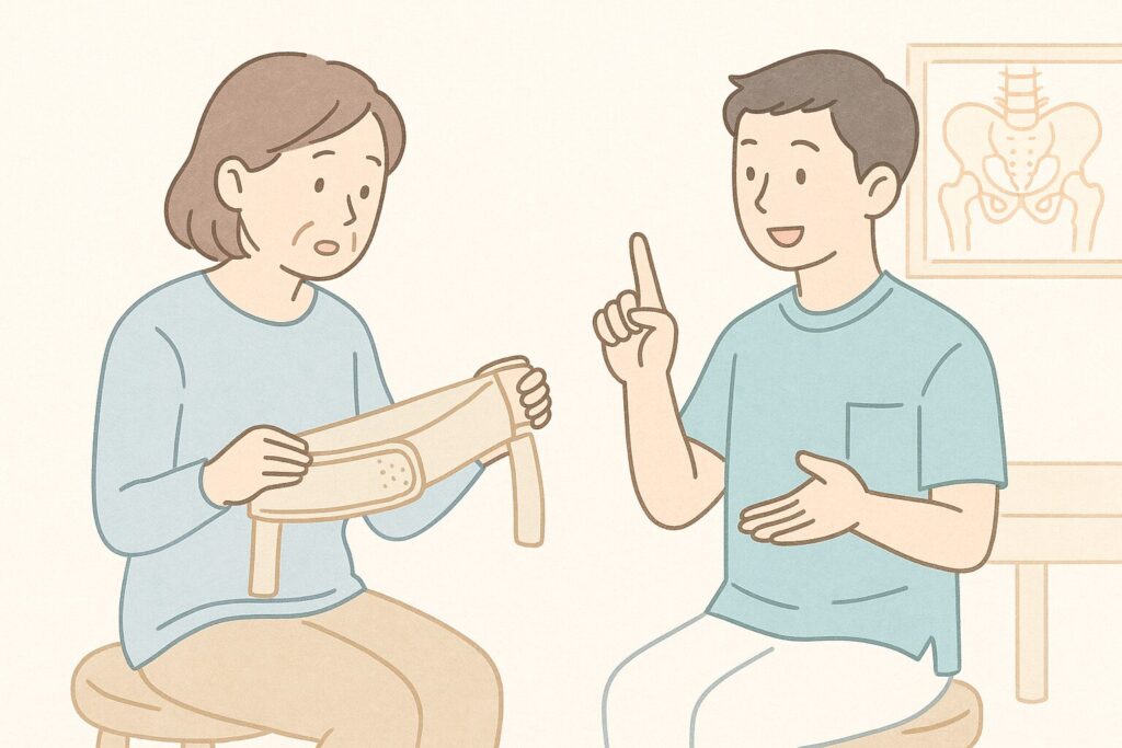 背中に医療用装具を装着した年配の女性が、後ろの壁に描かれた骨盤の図を見ながら、何かを説明する男性医療従事者の話に耳を傾けている。