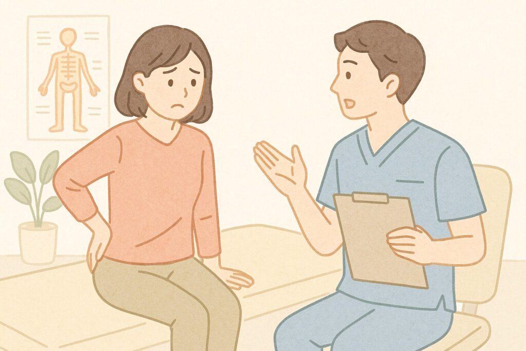悠大整体院でお客様のぎっくり腰の状態を丁寧に確認している様子。