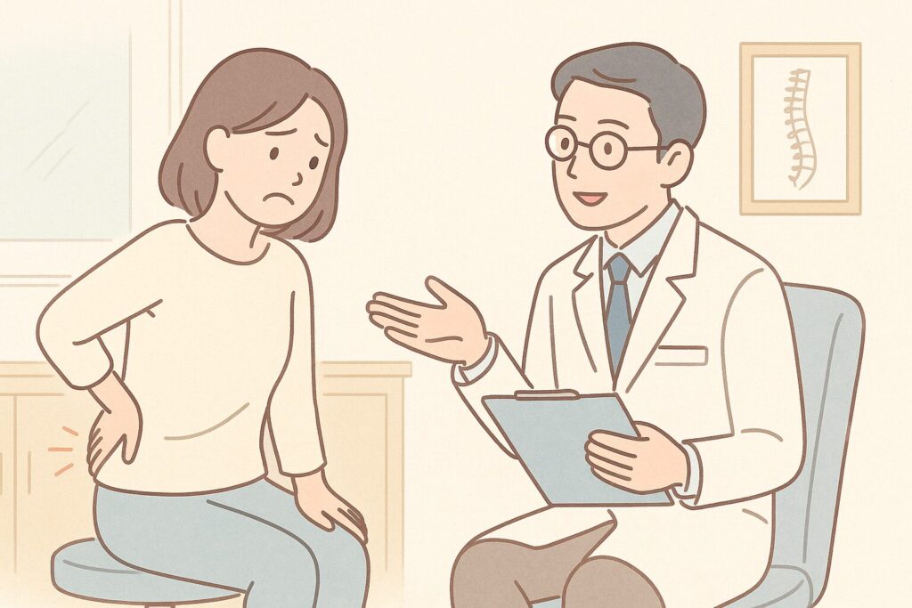 壁に背骨のイラストが描かれた医務室で、クリップボードを持ち話しかける男性医師の隣に、苦しそうな表情で腰を抱える女性が座っている。
